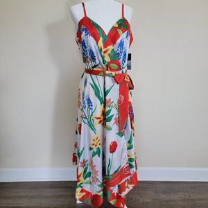 NWT New York and Company Scarf Dress Large 8/10 Resortwear Tropical Floral Satin
